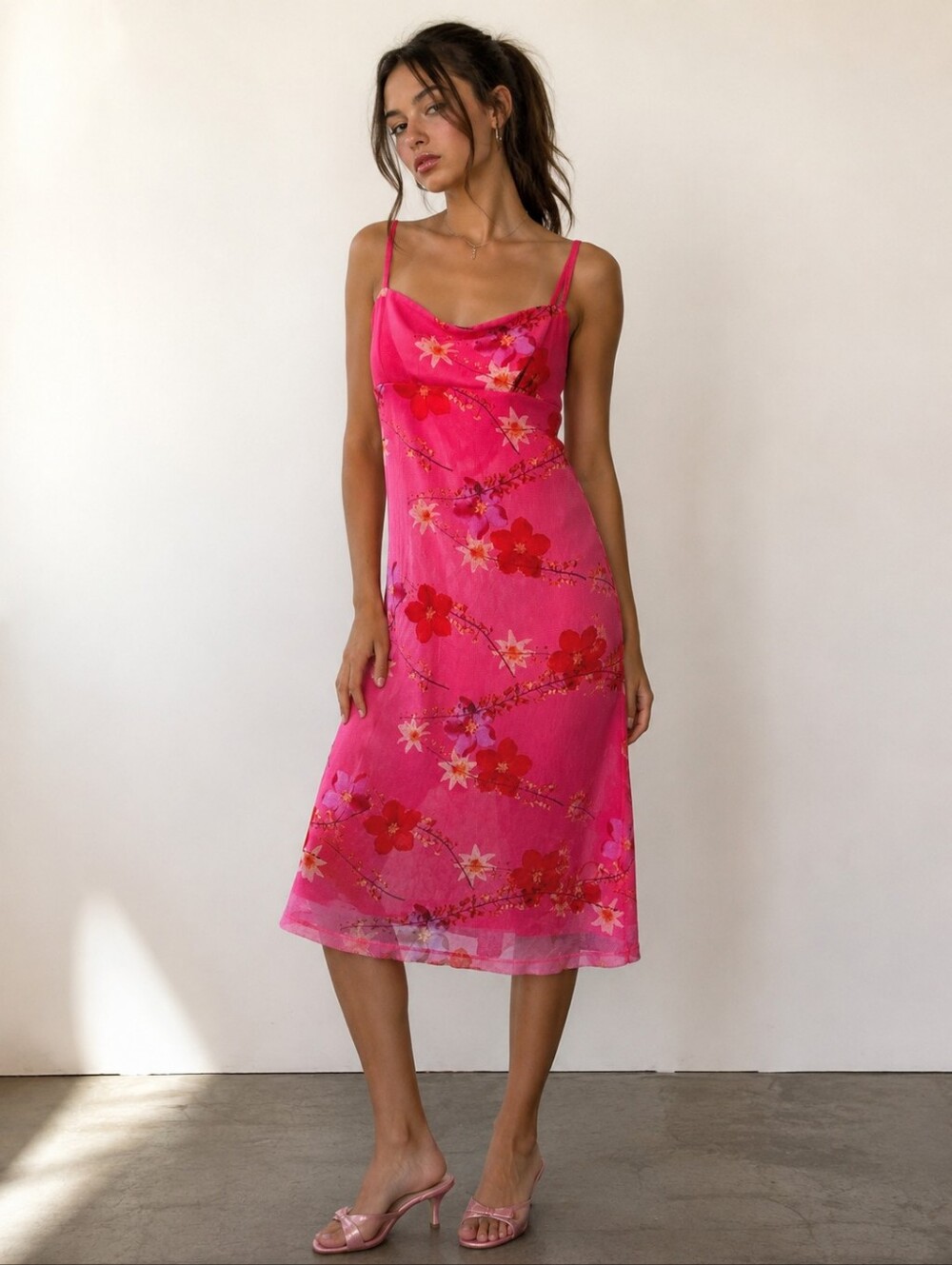 Vintage 90s Necessary Objects Floral Slip Dress Size S Sheer Overlay Y2K